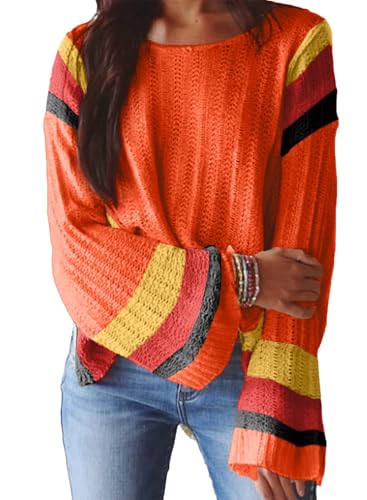 Image of Dokotoo Womens 2026 Spring Summer Casual Crewneck 3 /4 Sleeve Striped Lightweight Knit Trendy Boho Tops Pullover Sweaters