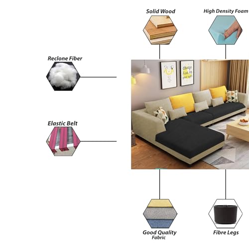 Image of Galib LHS 6 Seater L Shape Sofa Set for Living Room (Cream Black Fabric) Premium Fabric Sofa