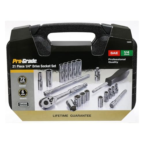 Pro-Grade 21-Piece 1/4in Drive SAE Socket Set with Storage Case, Heat-Treated Chrome Vanadium Steel, Nickel Chrome Plated, Professional Grade, 19206