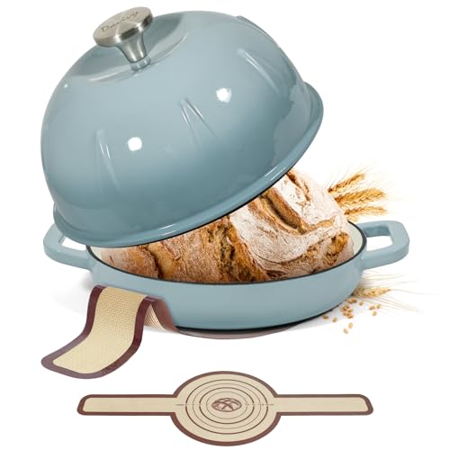 Davivy Enameled Cast Iron Bread Oven, 5QT Sourdough Dutch Oven, Round Bread Pan Bread Cloche Dutch Oven with Slicone Bread Sling - Sea Salt