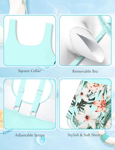 Image of Girls Swimsuit One Piece Swimsuits Color Block Bathing Suit for Girls Adjustable Strap Padded Swimwear with Shorts