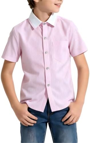 Boy's Button Down Shirts Pink Pinstripe Short Sleeve Dress Shirt Button Up Tops 