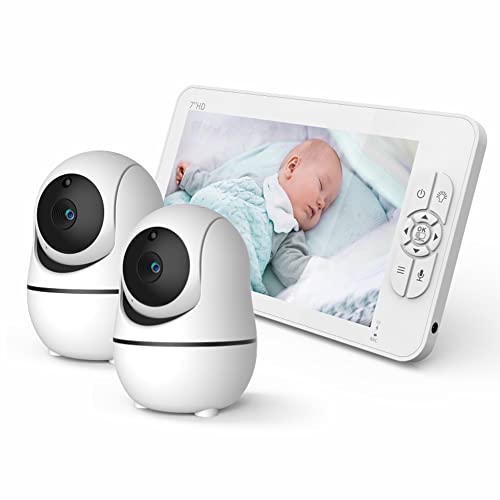 Monitor de bebé, pantalla grande de 7 pulgadas, cámara giratoria, conversación bidireccional, monitor de temperatura, compatible con dos en uno, cámara dual, función de visión nocturna