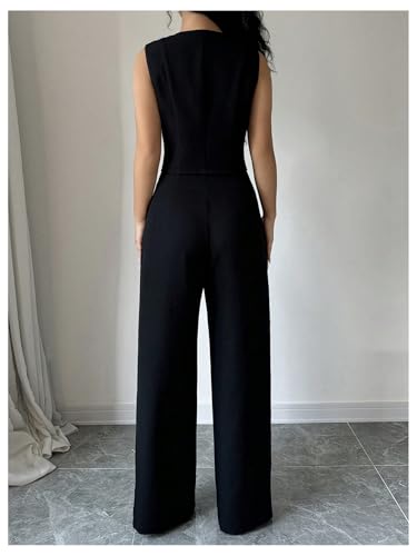 Chic Black Women's Business Suit Sets – WDIRARA 2 Piece Sleeveless Blazer & Wide Leg Pants in Medium - Image 2