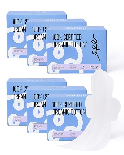 Image of RPE Life 100% GOTS Organic Cotton Overnight Pads, Size 5, 72 Count | Size 5 overnight pads with wings extra coverage for heavy flow breathable thin comfort and odor-neutralizing freshness