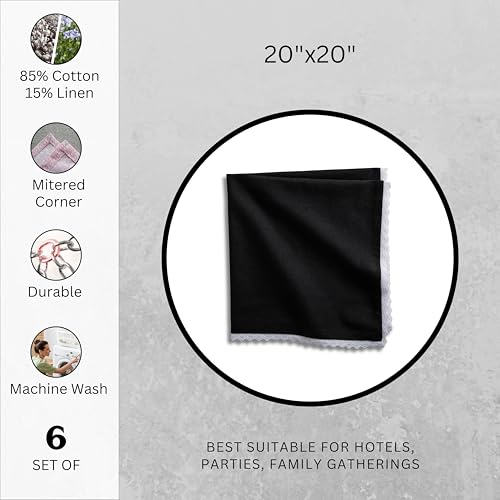 Image of FINGERCRAFT Cloth Napkins Set of 6, 20x20 Inch Cotton Linen Blend Dinner Napkins Lace Trim, Reusable Washable Table Napkins for Wedding, Farmhouse Dining, Parties & Home Decor (Black)
