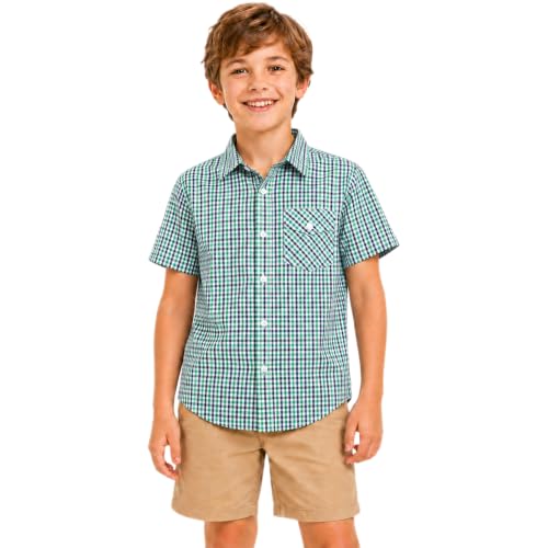 BIENZOE Jungen Baumwolle Kurz Ärmel Hemd Grün 13/14(DE 12-13 Jahre)