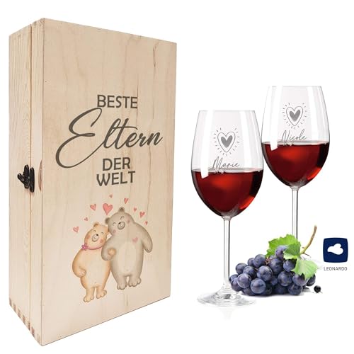 Leonardo Weinglas Set - Holzbox mit Motiv & 2 Weingläser mit Wunsch-Namen Gravur Beste Eltern der Welt