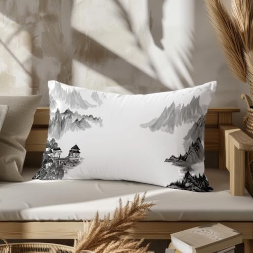 CEVAN Rectangular Funda De Almohada Larga con Cremallera Seda Pintura Paisaje Tinta Estilo Chino, Cojín Sillon Piernas Dormir 50x75cm