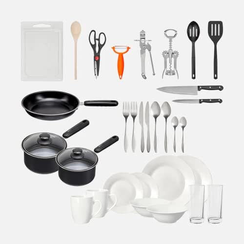 UNIKITOUT | 40+ Items Kitchen Essentials Set, Silver | Utensil Set, Non-Stick Cookware, Dinner Tableware Kit, Glove & Linen, Food Containers | Includes Frying Pan, Pots, Knife, Cutlery, Spatula