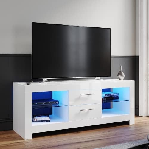 ELEGANT 1300mm Modern High gloss TV Stand Cabinet with LED Light for 22"-52" Flat Screen 4k TVs/Living Room Bedroom Furniture TV Cabinet with Shelves and Drawers for Media Storage,White