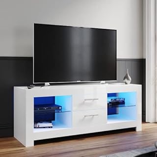 ELEGANT 1300mm Modern High gloss TV Stand Cabinet with LED Light for 22"-52" Flat Screen 4k TVs/Living Room Bedroom Furniture TV Cabinet with Shelves and Drawers for Media Storage,White