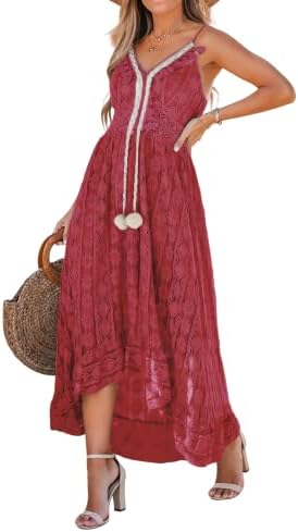 CUPSHE Damen Sommerkleid Boho Spitze V Ausschnitt Ärmellos Strandkleid | Maxikleid mit floraler Spitze, dekorativen Quasten, verstellbaren Trägern und gesmoktem Rücken für Hochzeit