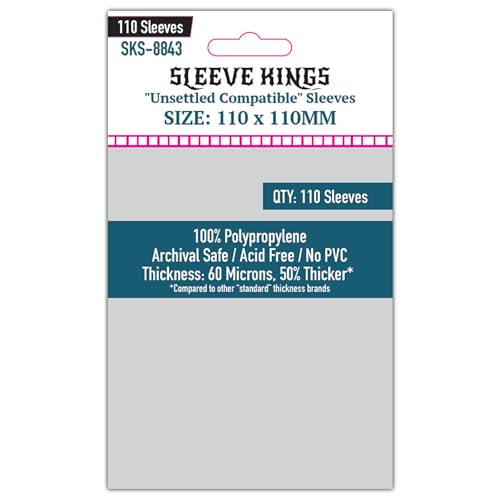 Sleeve Kings Unsettled Compatible Card Sleeves – 110 Pack, 110 x 110 mm, Extra Clear 60 Micron Polypropylene, Acid-Free, PVC-Free, Card Protection for Board Games – SKS-8843