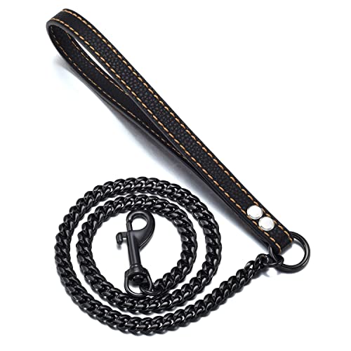 Nikpet Chain Dog Leash Black Color Metal Chew Proof 10Mm Heavy Duty Pet Leash Chain With Leather Padded Handle For Small Medium Large Dogs (Black, Total 4.5 Feets) #TOP5