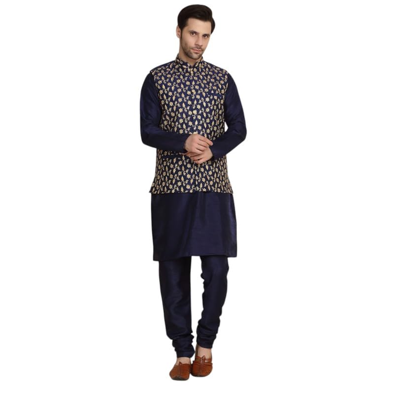 Image of KRAFT INDIA Men's Stylish Silk Kurta with Churidar & Nehru Jacket Set