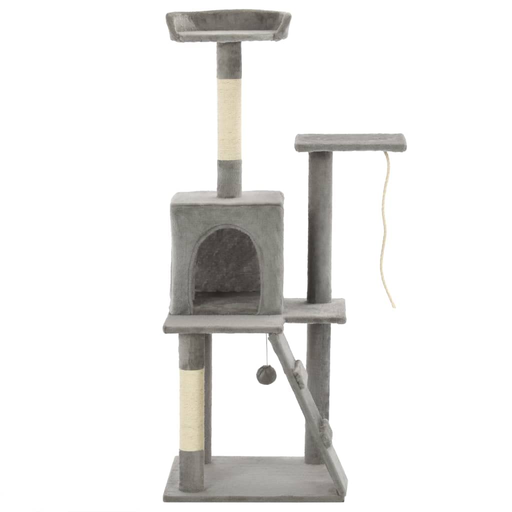 Kratzbaum 120 cm Katzenbaum mitSisalsäulen und Spielhaus Grau | Stabiler Kletterbaum fürs Wohnzimmer mitAussichtsplattform, kuscheliger Höhle, Spielseil und Rampe für Katzen.
