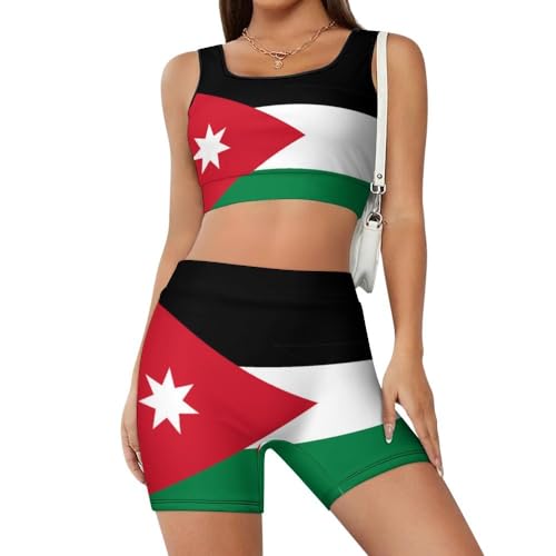Jordanian Flag Women's Yoga Outfit, 2 -piece Shock -proof Sagging Fitness/running/yoga/vest Bra, Sports Set M