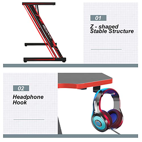 Image of BestOffice Gmaing Desk 35.4in PC Computer Desk Z Shaped Gaming Workstation Ergonomic Gaming Table with Headphone Hook for Home Office, Red