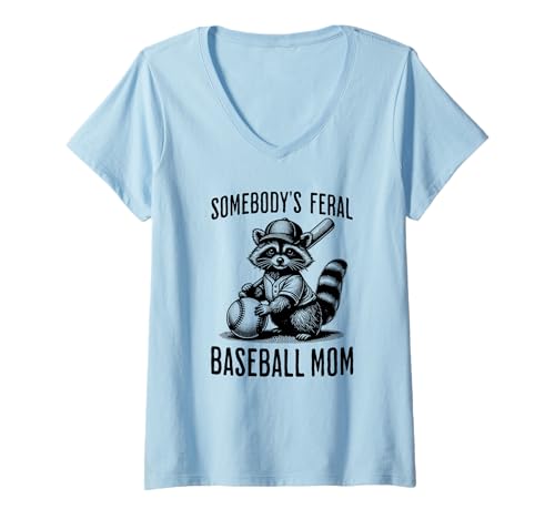 Women's Somebody's Feral Baseball Mom Funny Sports Mom Raccoon V-Neck T-Shirt