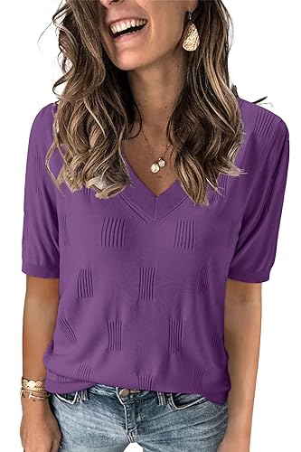 Image of Arach&Cloz Women's Lightweight Spring Summer Sweater Tops Casual Short Sleeve Blouses Shirts