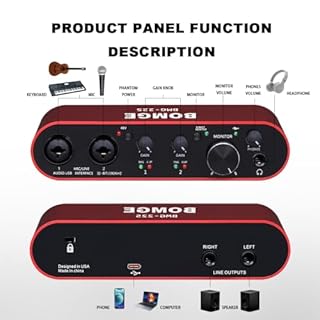BOMGE Interfaccia audio USB alimentazione phantom XLR/48V, 32bit/192kHz ad alta fedeltà, per interfaccia mixer audio da studio per chitarristi, cantanti, podcaster, produttori, plug and play
