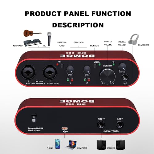 BOMGE USB オーディオインターフェイス XLR/48V ファンタム電源搭載、32Bit/192kHz ハイファイ、ギタリスト、ボーカリスト、ポッドキャスター、プロデューサー用スタジオオーディオミキサーインターフェイス用 (22S-RED)