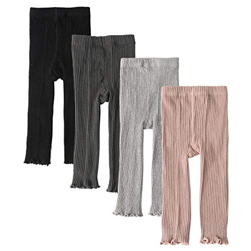 Looching 4 Pack Baby Toddler Kids Girls Footless Tights Cotton Leggings Cable Ribbed Knit Ruffle Stocking Pant（12-24M,Black,Grey,Llightgrey,Pink） #TOP19