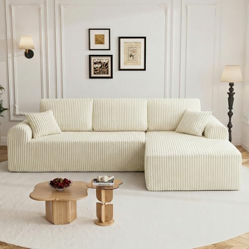 Image of 110 inch L Shaped Boneless Sectional Couches for Living Room, Comfy Corduroy Floor Cloud Sofa with Chaise, Wide Armrest, Deep Seat, Memory Foam, Assembly Free, Ideal for Small Spaces, Beige