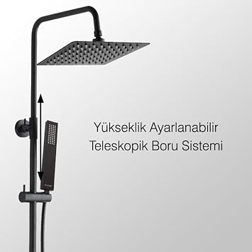 Fause Teleskopik Kolonlu Tepe Duş Seti Robot Duş Yağmurlama Pirinç El Başlıklı KDS102-2 (Siyah)