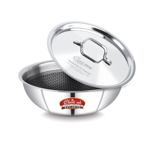 Image of Classic Steels Hexa Comb Triply Stainless Steel Tasla with Steel Lid - 3 LTR (26cm) | Induction & Gas Compatible | Durable, Rust-Free | Healthy Oil-Free Cooking | 2.5mm Thickness