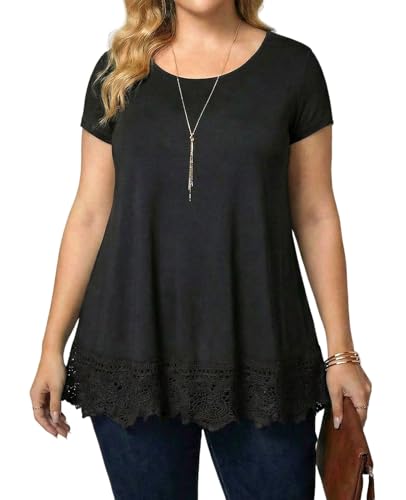 XiaoMaAnJi Plus Size Tops for Women Blouses Dressy Shirt Loose Fit Lace Extender Short Sleeve Flowy Tunic 2025(Black,1X)