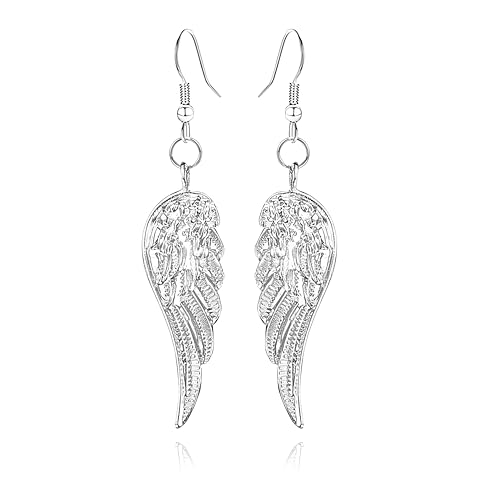 Gothic Angel Wings Earrings for Women Vintage Black Gold Silver Statement Wing Feather Earrings Halloween Jewelry (Silver)