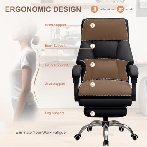 Image of Office Chair with Retractable Footrest Comfortable Executive Desk Chair, Heavy-Duty Ergonomic Leather Chair, Adjustable Height Computer Gaming Chairs for Home Office
