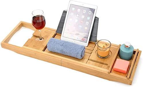 Blanks Direct Bath Caddy with candle, wine glass, book, tablet, ipad & phone holder. Extendable /adjustable bridge, Natural wood over bath tub tray (Grey)