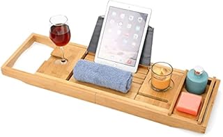 Blanks Direct Bath Caddy with candle, wine glass, book, tablet, ipad & phone holder. Extendable /adjustable bridge, Natural wood over bath tub tray (Grey)