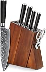 XINZUO 7PC Damascus Steel Kitchen Knife Set with Acacia Wood Block,Multifunctional Kitchen Scissors,Professional Sharp Chef Knife Forged Vegetable Knife with Pakkawood Handle- He Series