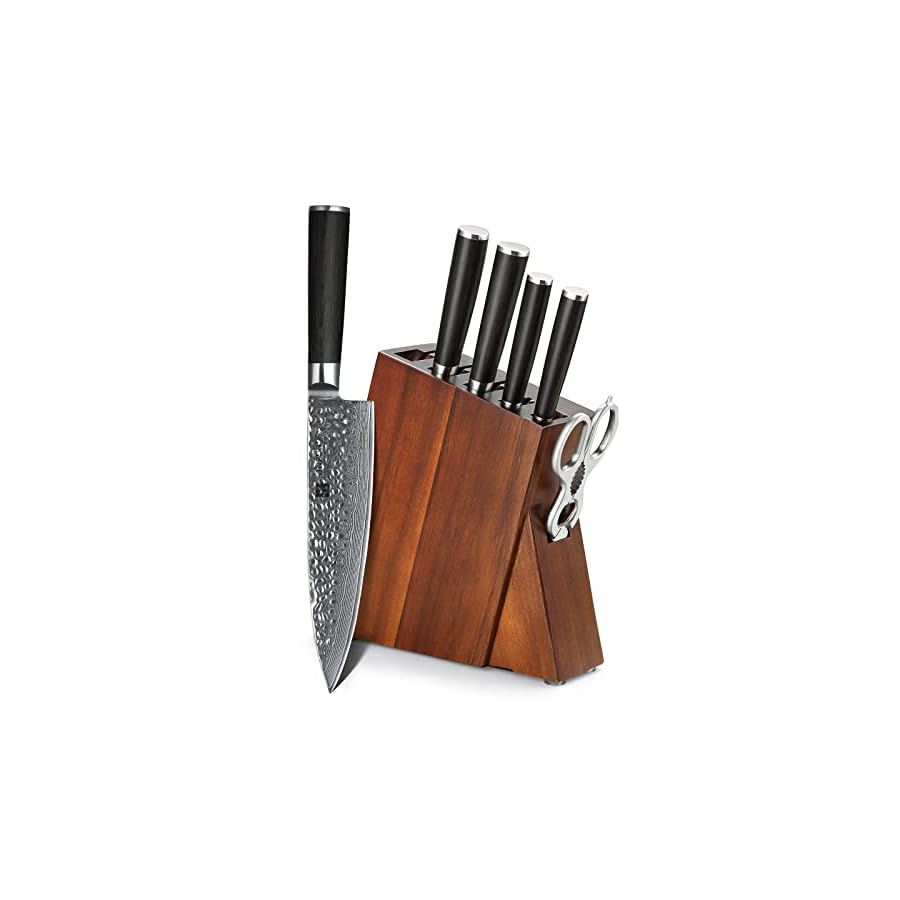 XINZUO 7-Piece Knife Block Set, Super Damascus Steel Kitchen Knife Set with Block,Professional Knife Set for Chefs&Home Cooking,Pakkawood Handle,Chef Gift Box-He Series