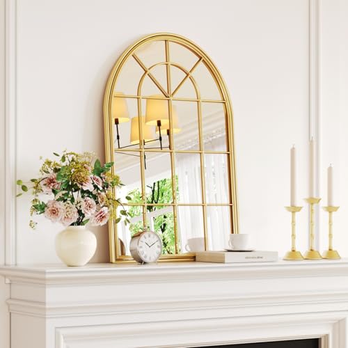 Image of Uniclinens Window Mirrors for Wall Decor - Large Gold Farmhouse Arched Window Pane Mirror for Wall Decor Living Room, Gorgeous for Entryway, Fireplace, Hallway,Dining Room,36 inchX24 inch