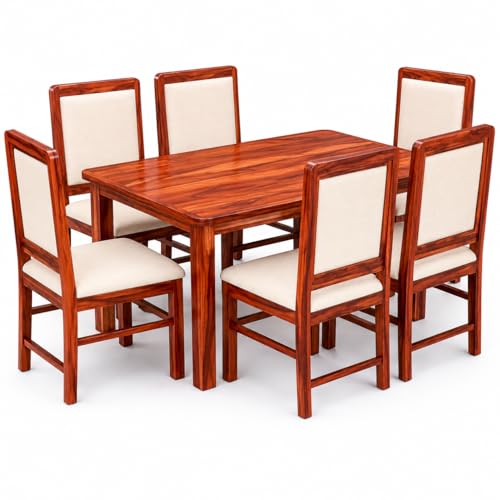 Image of VK Furniture Premium Solid Wood 6 Seater Dining Table Set of 6 for Home | Sheesham Wooden Dining Table with High Back Cushioned 6 Chairs Honey |Dinning Table 6 Seater Chairs for Home| Cream Honey