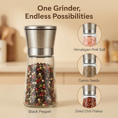 Miniatura 7 de Molinillo De Guindillas Con Cuchillas Acero Inox Molino Chiles Secos Regulable Triturador Especias Manual Depósito Vidrio Cortador Chiles No Se Atasca Antihumedad Anillo Silicona Roja Pimentero Mesa