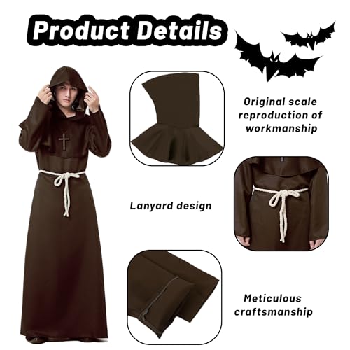 Aniepaa Deguisement Moine avec Capuche et Croix, Costume Carnaval Homme, Costume de Prêtre Homme, Robe de Cosplay Robe à Capuche Hommes Costums Moine pour Carnaval, Médiévale, Renaissance – vue 3