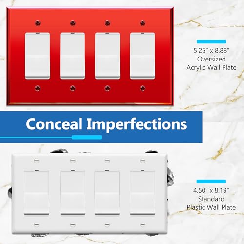 LIDER Reflective Decorator Wall Plate, Mirrored Light Switch Plate, Plexiglass Outlet Cover, Oversized 4-Gang 5.25" x 8.88", LWP-34O-ARD5P, Acrylic, Mirror Glass Red, 5-Pack by LIDER - Image 2