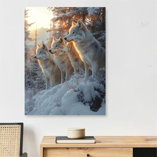 Peinture par Numéro Adulte Loup Blanc 80x120cm avec Cadre Toile Scène de Neige