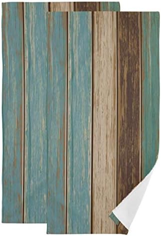 Zwifitt Rustic Barn Wood Hand Towel Set of 2, Vintage Teal Turquoise Brown Plank Wooden Stripe Face Towel Country Board Super Soft Washcloth for Farmhouse Log Cabin Bathroom Kitchen