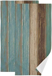 Zwifitt Rustic Barn Wood Hand Towel Set of 2, Vintage Teal Turquoise Brown Plank Wooden Stripe Face Towel Country Board Super Soft Washcloth for Farmhouse Log Cabin Bathroom Kitchen