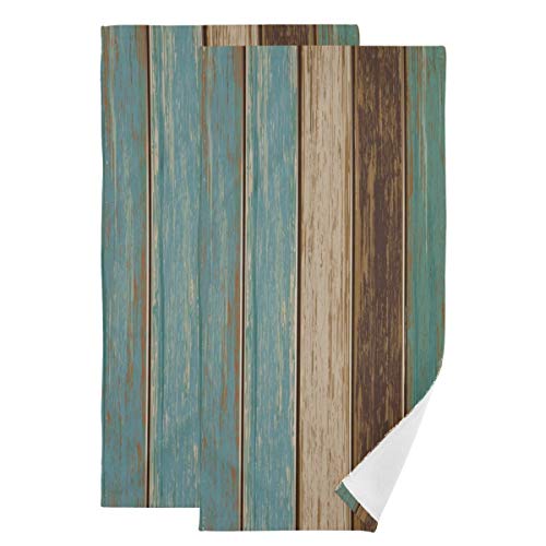Rustic Barn Wood Hand Towel Set Of 2, Vintage Teal Turquoise Brown Plank Wooden Stripe Face Towel Country Board Super Soft Washcloth For Farmhouse Log Cabin Bathroom Kitchen, Labor Day Gift #TOP4