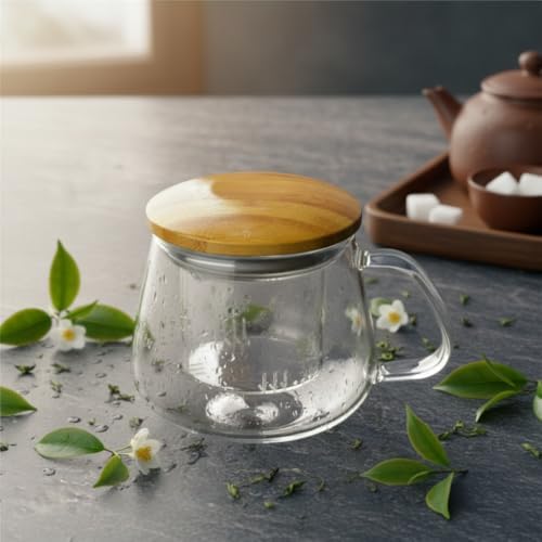 Deconox Bambu Kapaklı Cam Süzgeçli Kupa 350 ml | Bitki Çayı, Demleme Çay ve Kahve Kupası | Borosilikat Isıya Dayanıklı Cam | Sağlıklı ve Şık - Görsel 2