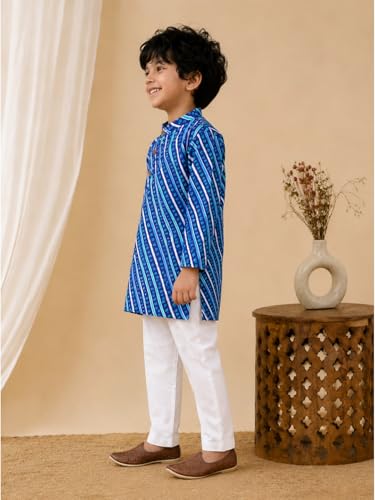 Image of superminis Cotton Boys Sanganeri Lehariya Printed Kurta Set with White Pyjama Elastic Closure
