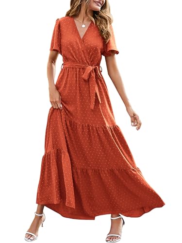 Image of MASCOMODA Women Boho Swiss Dot Maxi Dresses Wrap V Neck Flutter Short Sleeve Solid Tie Waist A Line Tiered Flowy Long Dresses